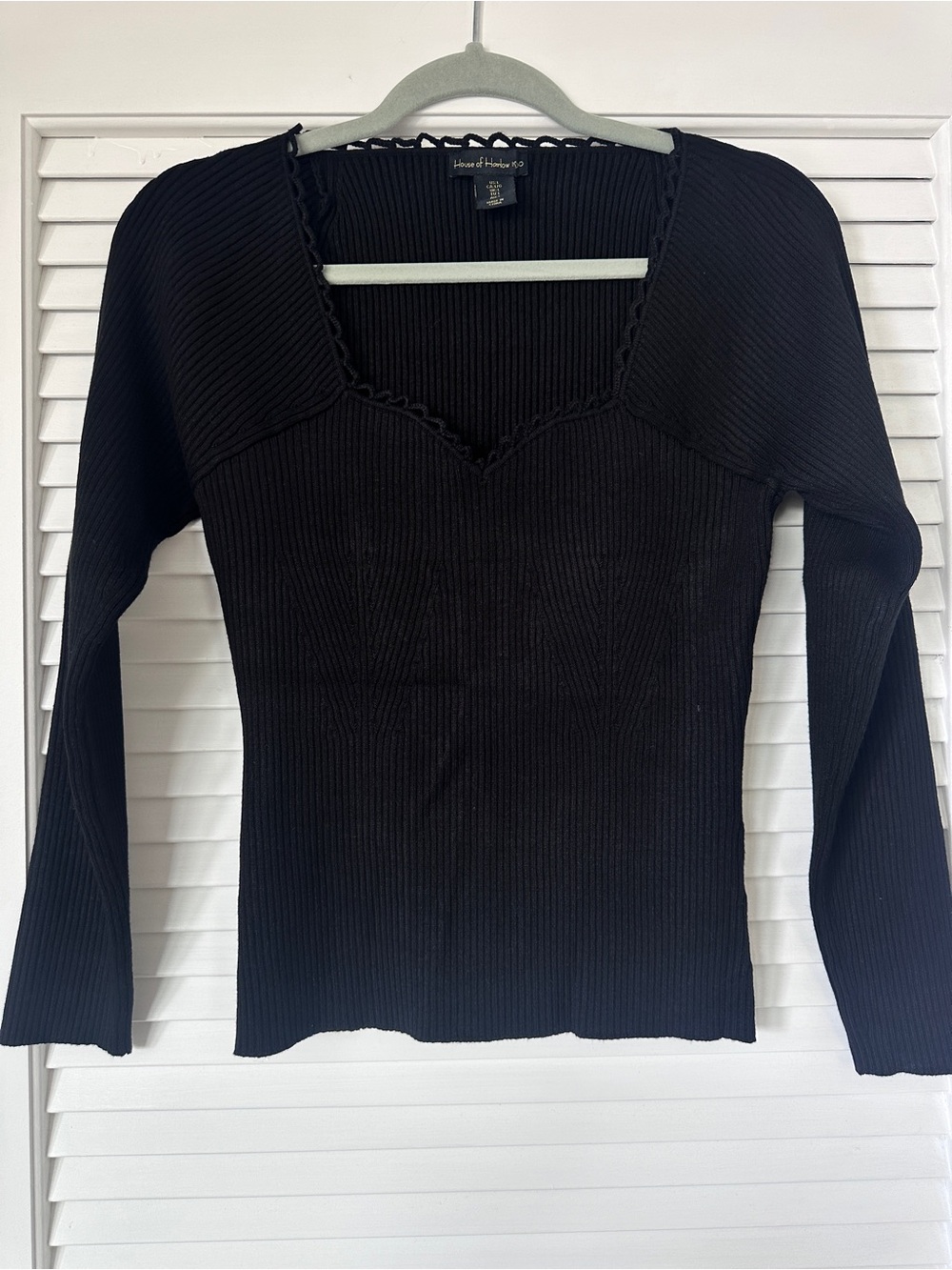 House of Harlow 1960 Black Ribbed Knit Sweetheart Neck Long Sleeve Sweater L